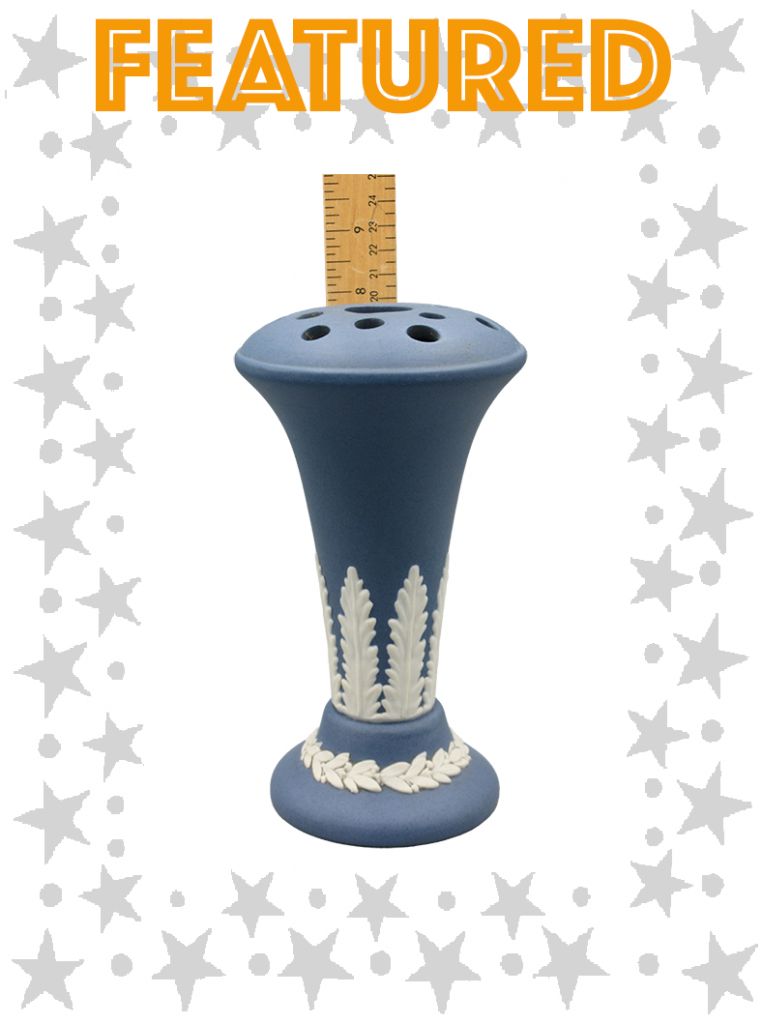 Tall frog (Flower) vase. Blue with white fern leaf motifs and holes for flower stems to be inserted to water in base.