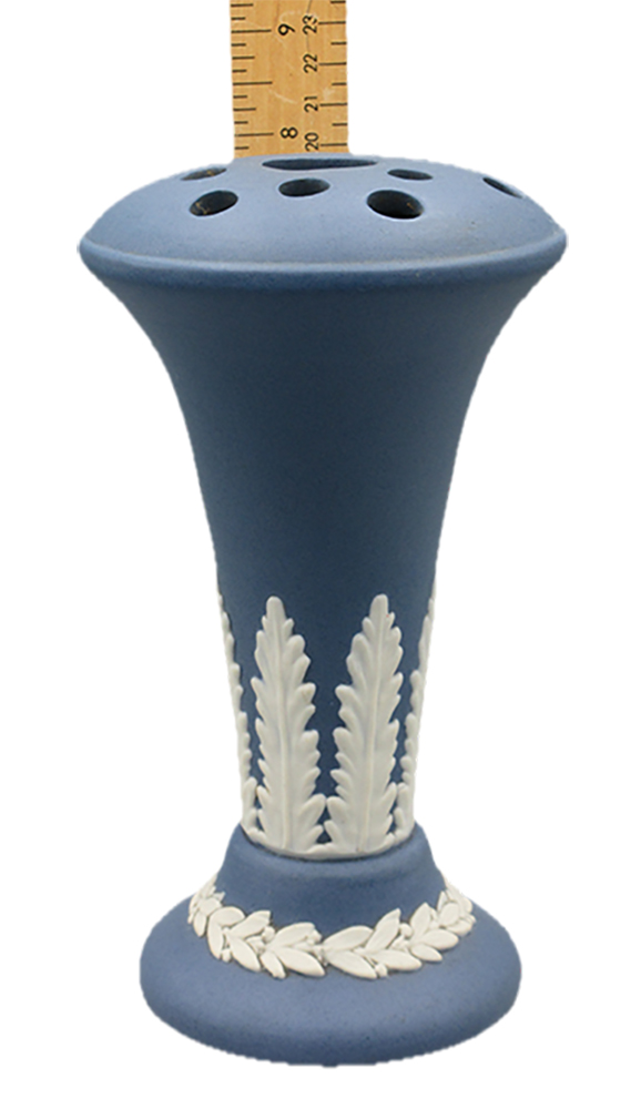 Tall Blue Frog (Flower) vase with white garland at base plus vertical leaves
